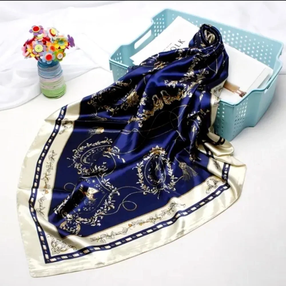 Scarf Headwraps for Women Silk Scarf Navy Satin Print 35 x 35